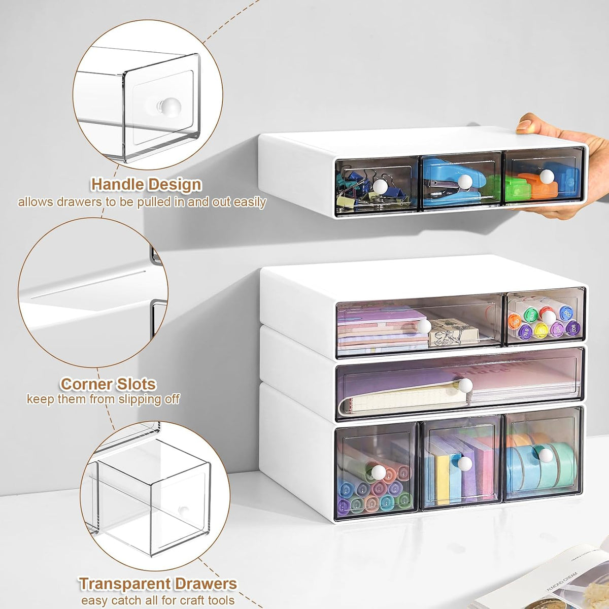 Desk Organizer with 9 Drawers, 4 Tier Plastic Stackable Storage Drawers for Desk Storage, Office Stationary Makeup Organizer Suit for Home, Office and School