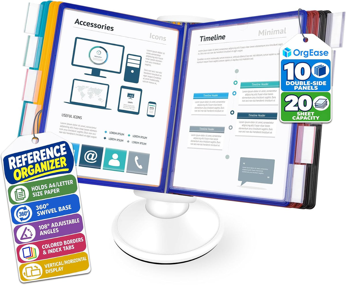 10-Pocket Desk Reference Organizer with 360° Swivel Base & 10 Double-Sided Panels Holds 20 Sheets A4/Letter Size Paper, Fast Flip & Find Desktop Reference System with Colored Index Tabs, White