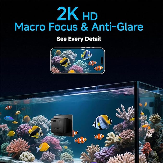 2K HD Aquarium Camera, 140° Wide-Angle Anti-Glare Night Vision WiFi, Aquarium Camera for Fish Tank, for Reptile Terrarium with AI Motion Detection 2-Way Audio (Black)