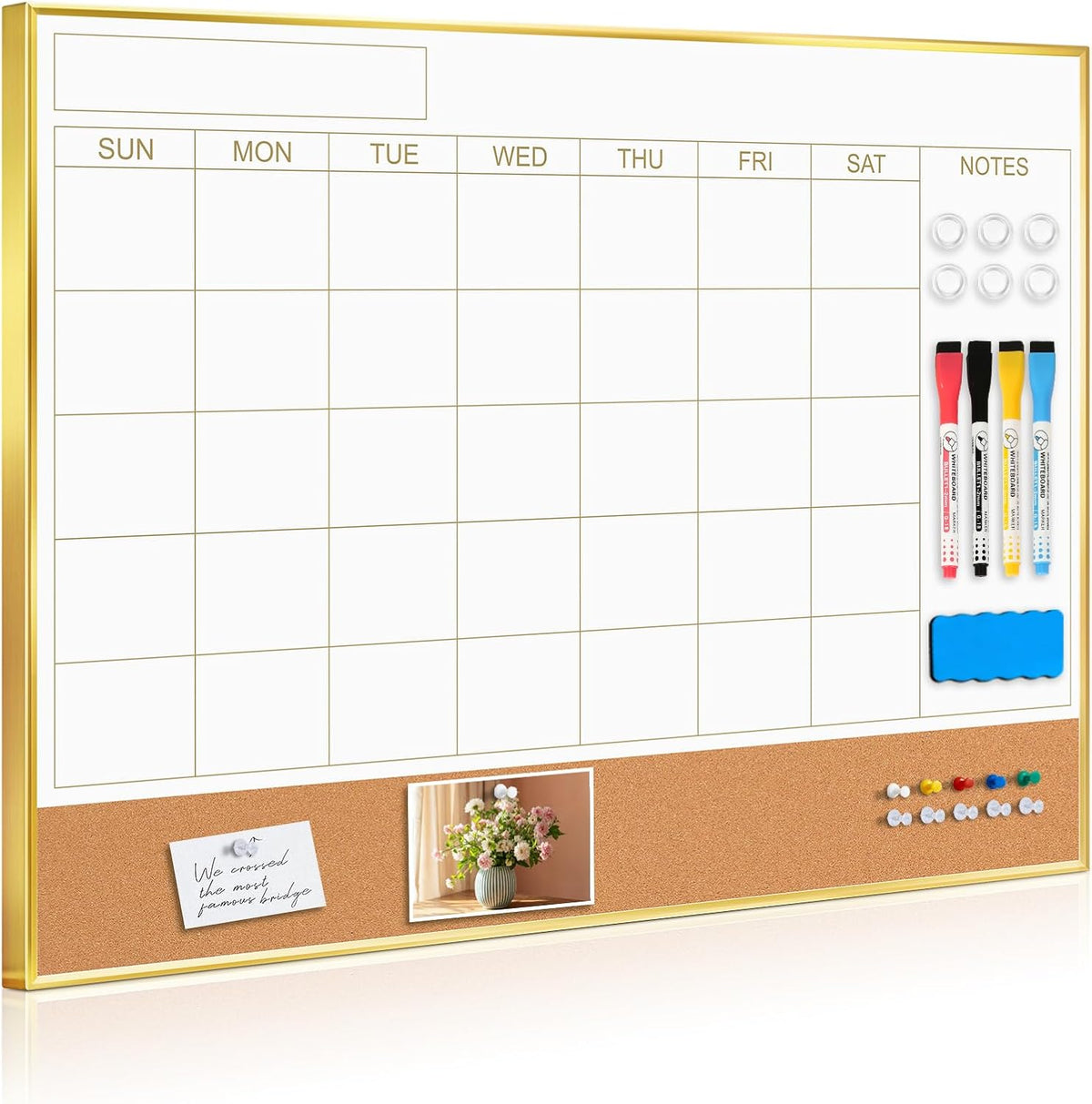 Dry Erase Calendar Whiteboard, 36"x24" Monthly White Board with Cork Board