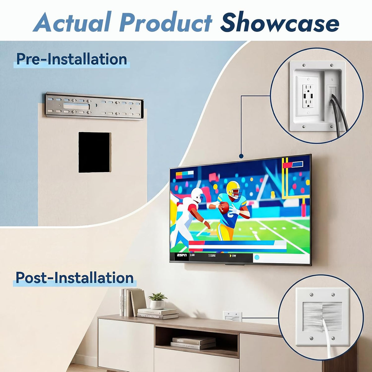 in-Wall Cable Management Kit, Recessed TV Outlet Box with Dual AC + 2 USB Ports, 9ft Power Cord, Wall Cable Hider Pass Through, TV Cord Concealer for Wall Mounted TV, Home Theater
