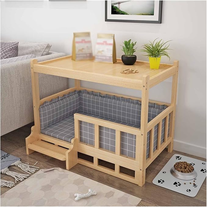 XPLKQXE Dog Bed Wood Platform, Elevated Pet Cushion Bed, Animal Couch with Mattress, Dog Beds & Furniture Rest Cot, Portable Fence Bed Pet Up to 45kg/100lbs(Color:Gray,Size:120x60x70cm)