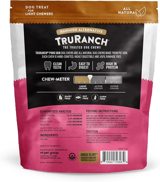 TRURANCH All-Natural Rawhide Alternative Dog Treats, 5" Pork Skin Sticks (Smoked), 10 Pack, with Real Pork, Healthy Treats, Limited Ingredients Dog Chew, for Small, Medium, and Large Dogs