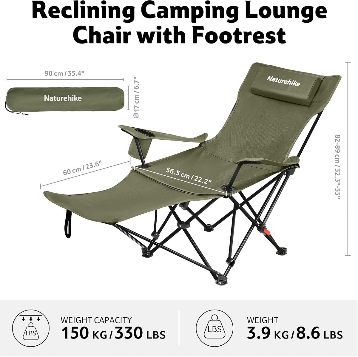 Naturehike 3-Position Adjustable Recliner with Footrest, Heavy Duty Folding Camping Chair, Portable Lounge Chair with Carry Bag, Cup Holder & Side Pocket for Beach, Patio, Lawn – Supports 330 lbs