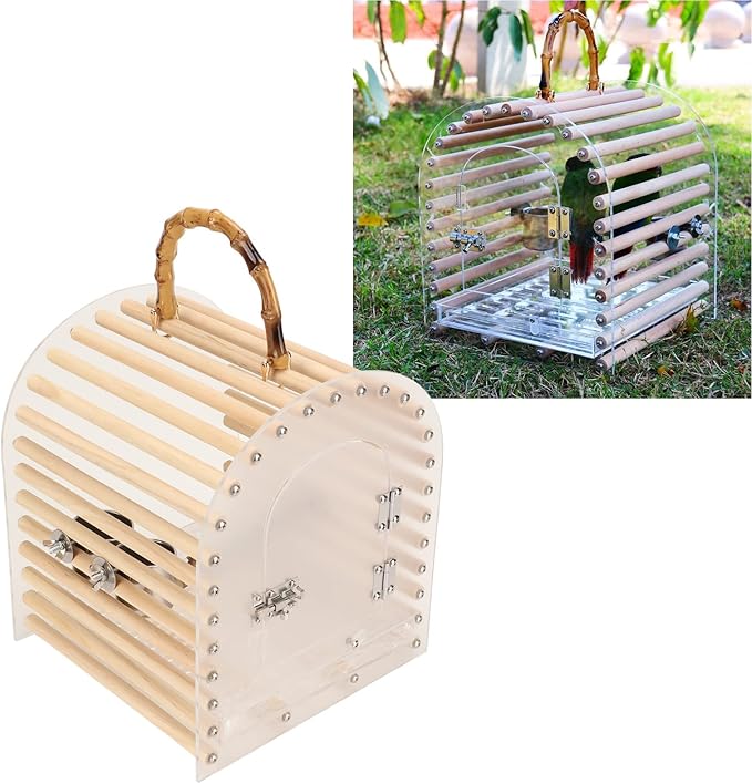 Zerodis Portable Bird Cage, Small Transparent Travel Bird Carrier with Delicate Carrying Handle Grip Wooden Acrylic Stainless Steel Material Birdcage with Lock
