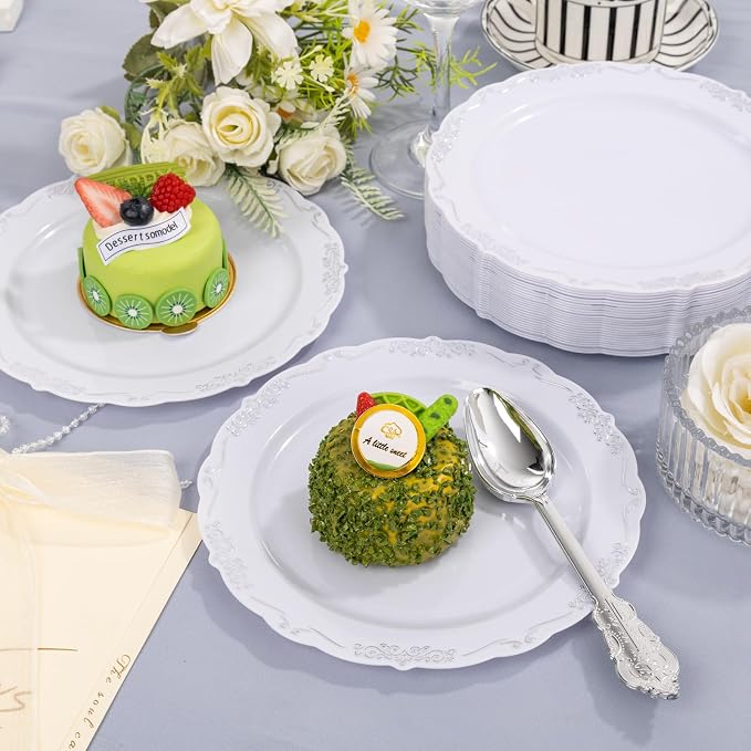 DaYammi 60PCS White and Silver Plastic Plates, Heavy Duty White and Silver
