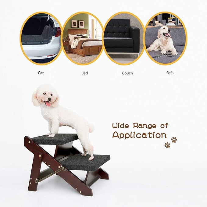 MEWANG Wooden Pet Stairs/Pet Steps - 2-in-1 Foldable Stairs & Ramp for Beds and Cars - Portable Dog/Cat Ladder Up to 110 Pounds - Great for Small and Older Animals(Brown) (17.3" L x 17.24" W x 13" H)