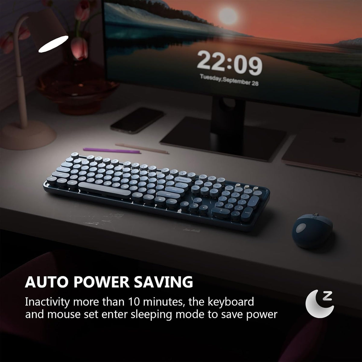 MOFII Wireless Keyboard and Mouse Combo, 2.4 GHz Full-Size Retro Round Keyboard and Mouse, Plug and Play, 8 Multimedia & Shortcut Keys for Mac, Windows, Laptop/Desktop/PC - Blue Gradient