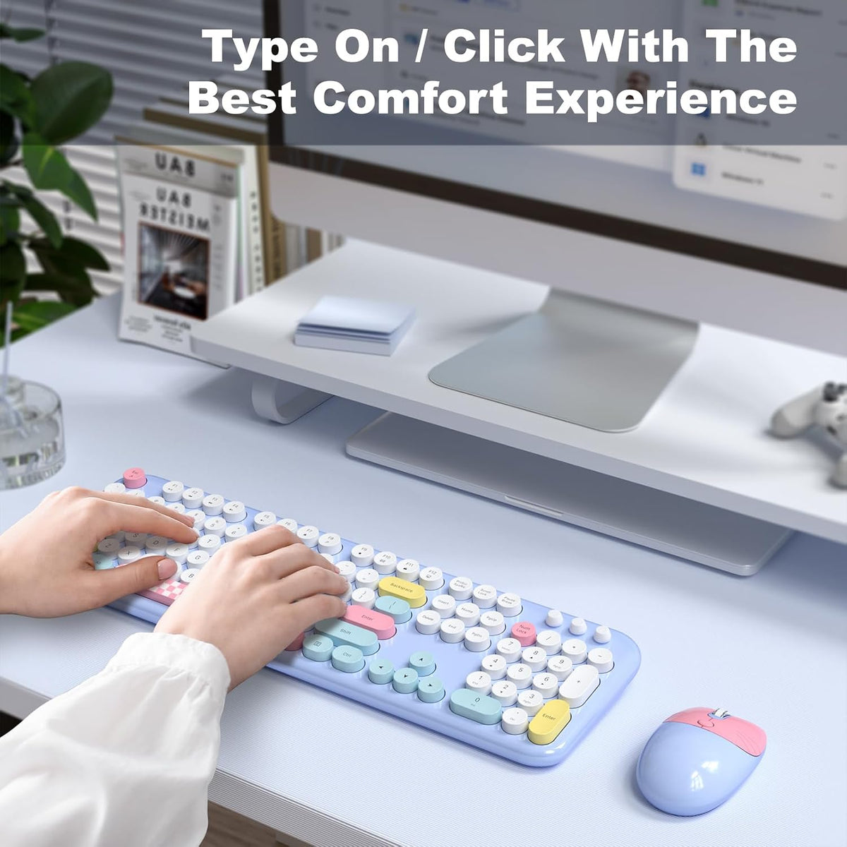 Atelus Wireless Keyboard and Mouse, Full Size Typewriter Keyboard and Cute Cat Shape Design Mouse Combo for Windows 7/8/10, Laptop, Desktop, PC, Computer (Blue)