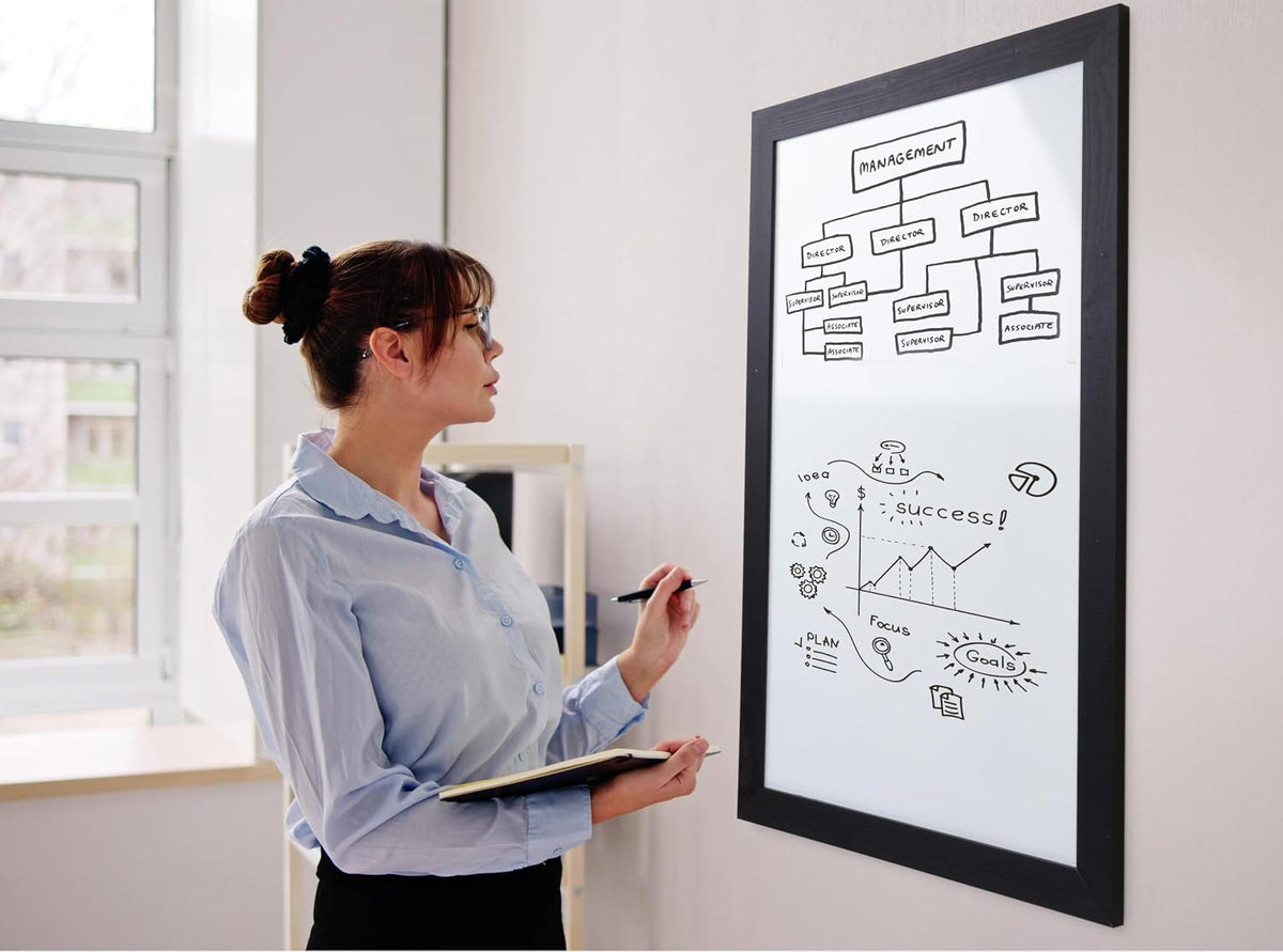 Real Wooden Framed Magnetic Dry Erase Whiteboard, 24" X 36", Vertical/Horizontal Wall Mount, Includes Black Marker, Eraser and 4 Magnets, by Better Office Products (Solid Black)