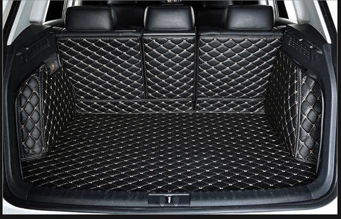 Car Trunk Mat for Mercedes GLC SUV 7 Seater 2023-2025(Non for Hybrid) GLC260 GLC250 GCL300 GLC350 GLC450 Full Cover Cargo Mat+Backrest Cover+Both Sides Panel Replacement Black w/Gold Stitching