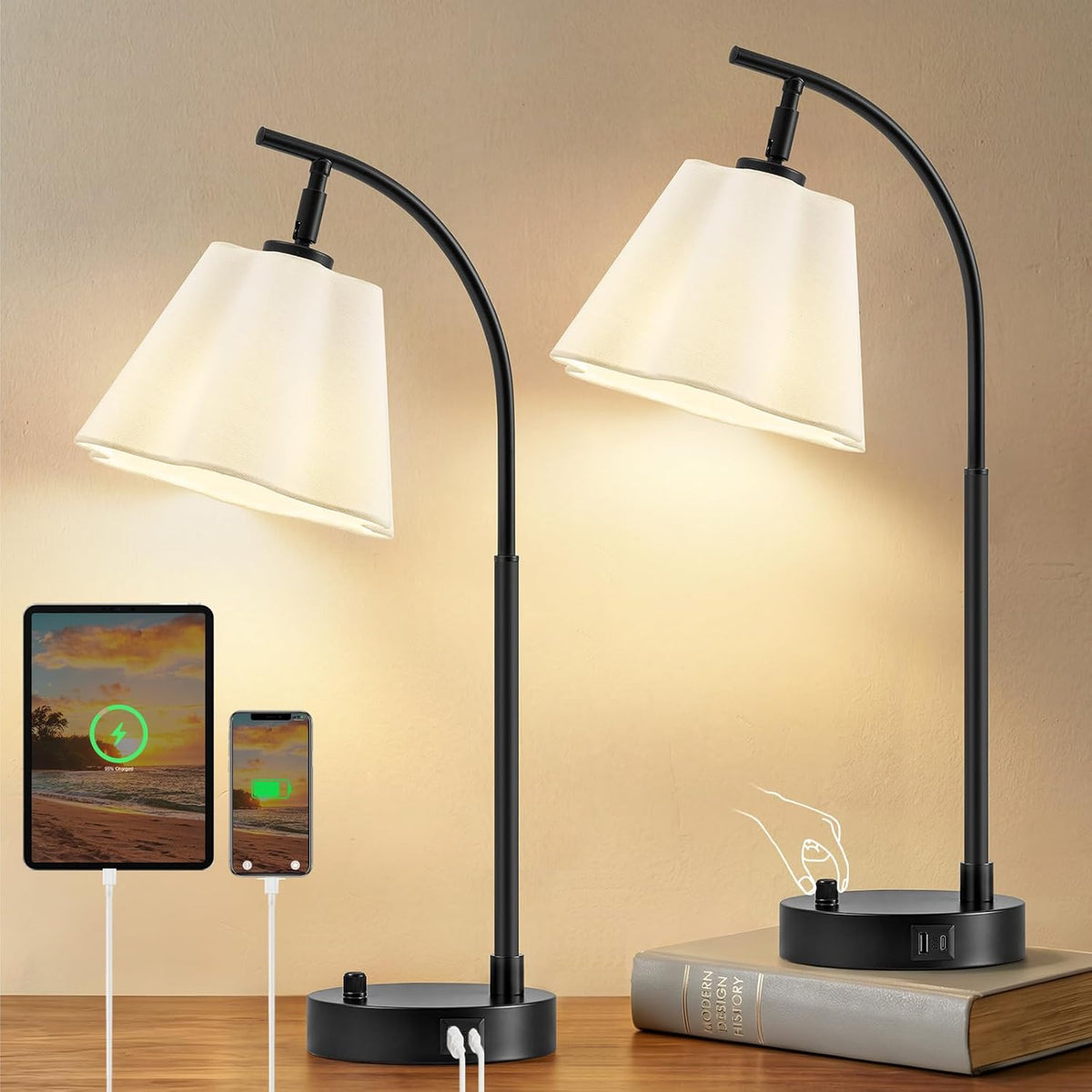 Table Lamps Set of 2, Stepless Dimmable Bedside Lamps with USB A&C Ports