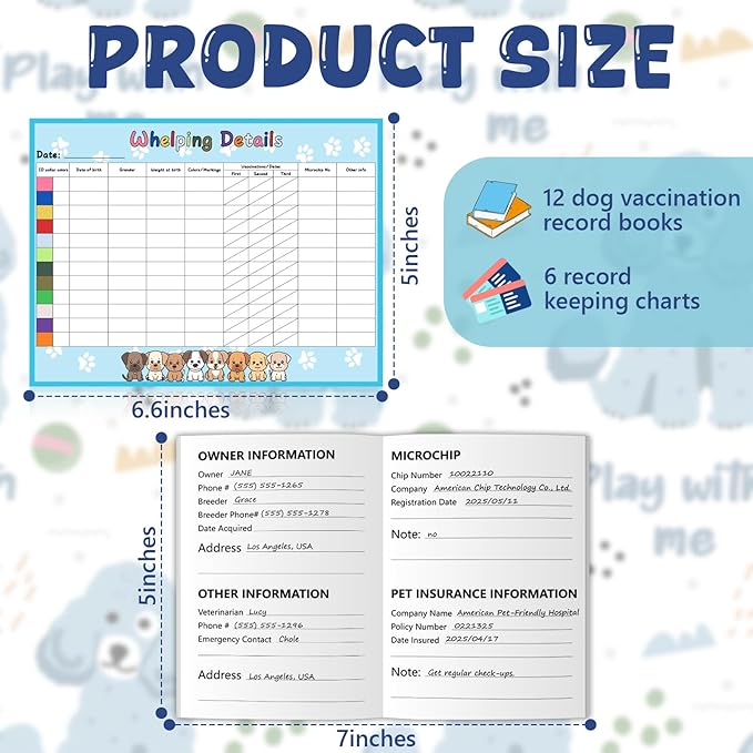 Puppy Whelping Supplies Kit Include 12 Puppy Shot Record Booklets 6 Record Keeping Charts 12 Coloured Soft Nylon Puppy Id Collars Newborn Adjustable Breakaway with 2 ID Sticker Identification Pets