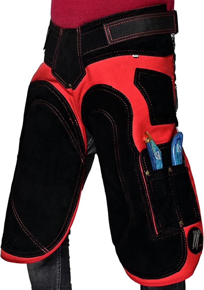 Equine Care Farrier Apron Chaps 2mm Cowhide Leather, 500 GSM Canvas, Air-Mesh, 27" Length, Adjustable Waist (28"-52"), Ergonomic Foam-Padded Thigh & Back Support, 4 Knife Pockets, 2 Nail Magnets.