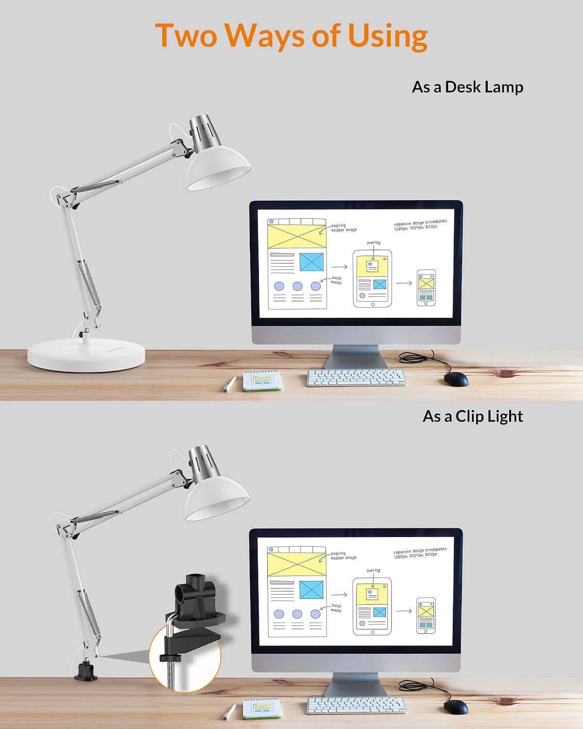 LEPOWER Metal Adjustable Desk Lamp with Clamp, Swing Arm for Home Office