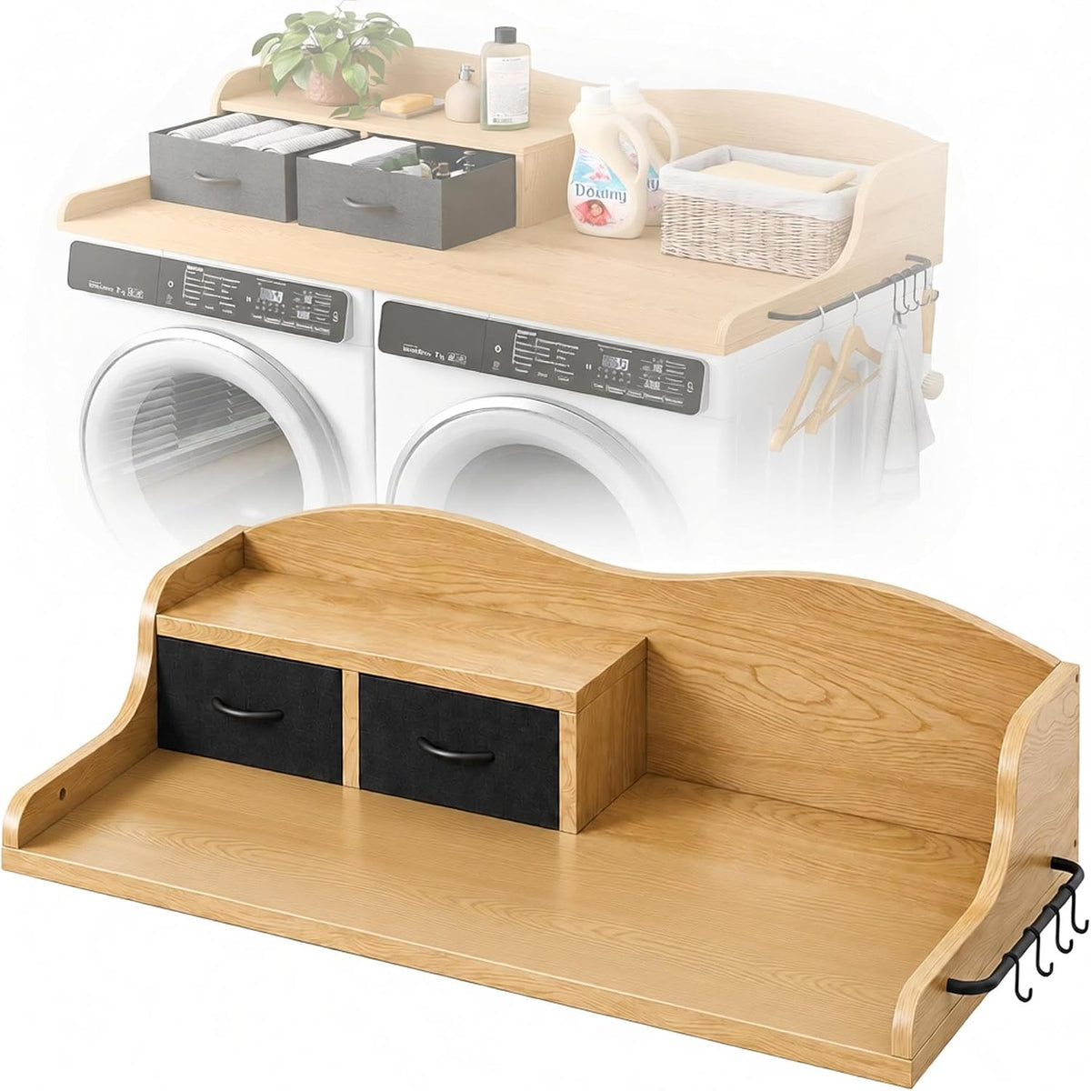 2-Tier Washer Dryer Countertop, Laundry Room Organizer with Drawers & Side Hanging Rod, Wave Design Washer Top Shelf for Folding Clothes and Storage, Laundry Countertop Cover with Hooks