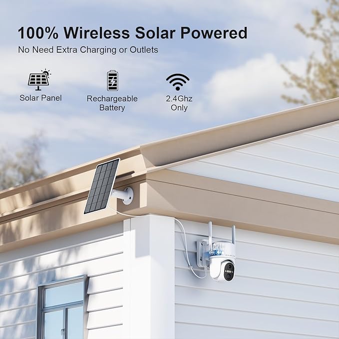 HOSAFE.COM Home Security Cameras Wireless Outdoor, Outdoor Camera Wireless WiFi, 360 Camera Solar Powered, PTZ, PIR Sensor, 2K HD Color Night Vision, 2-Way Talk, IP66 Waterproof, 2 Pack