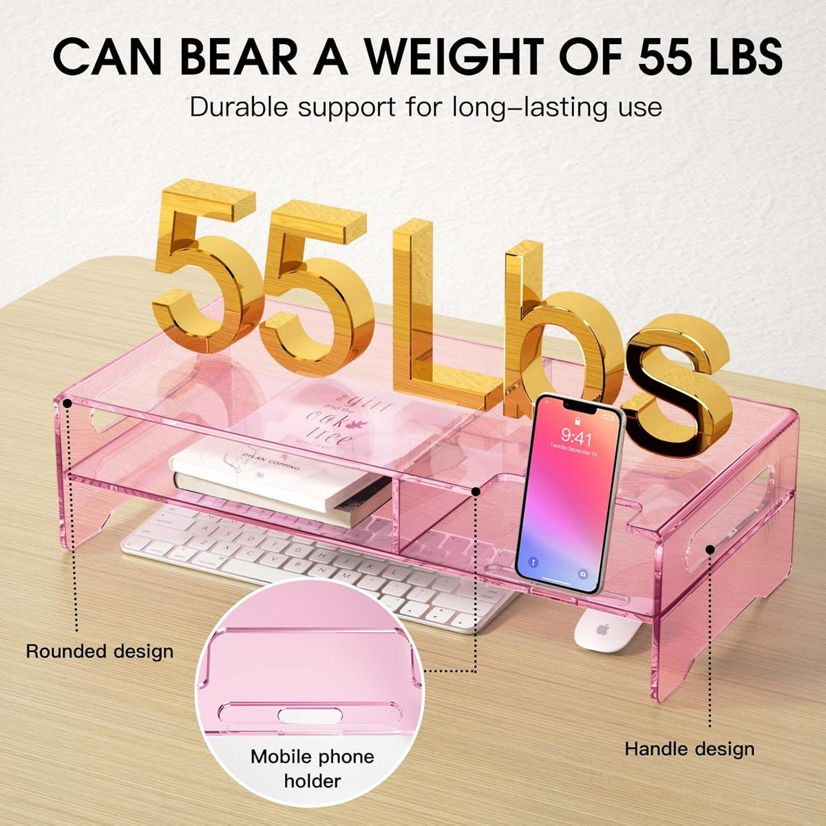 Pink Acrylic Monitor Riser, 2-Tier Desk Computer Stand With Storage & Phone Holder