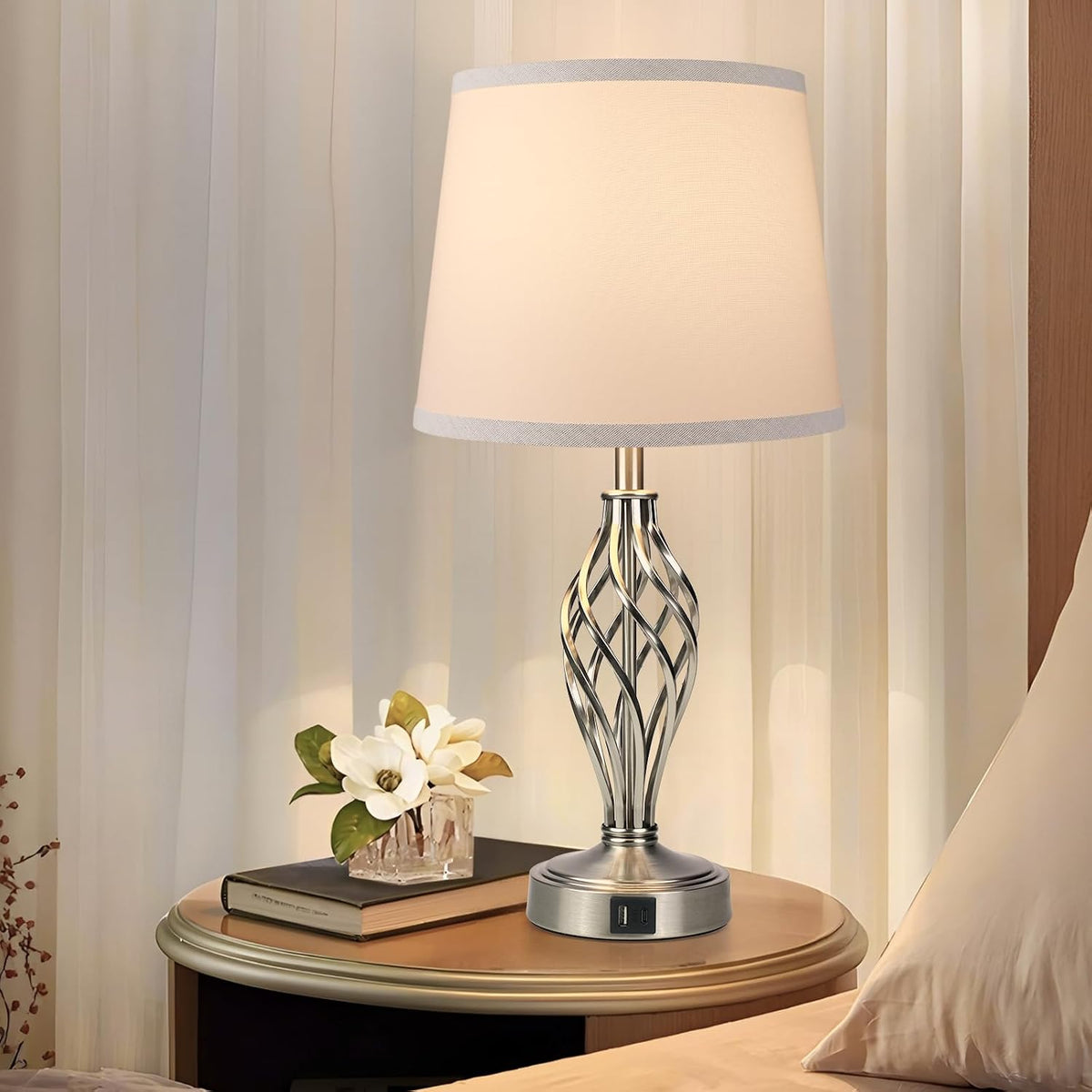Ruiever Touch Table Lamps Set of 2, nightstand lamp with USB Ports Bedside 3 Way Touch dimmer Desk lamp for Living Room Bedroom,Nickel Plated Spiral cage Base Design Warm White dimmer Bulbs Included.