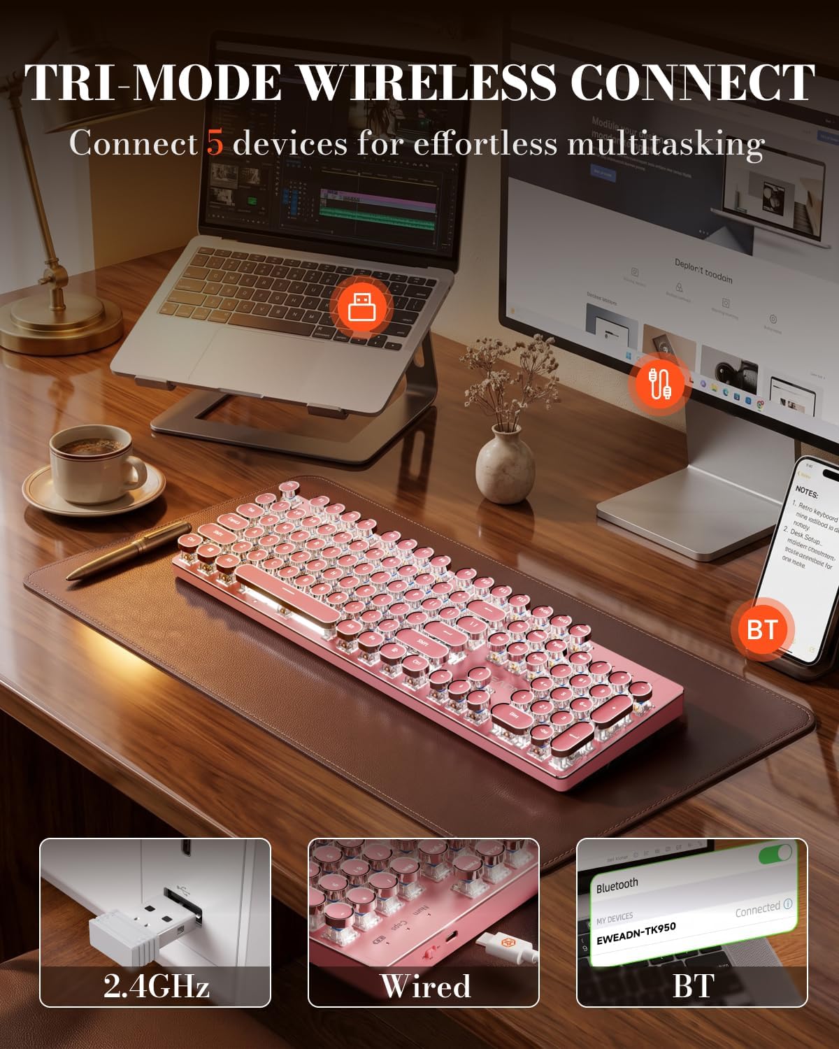 Wireless Typewriter Style Mechanical Keyboard with White Backlit, Pink
