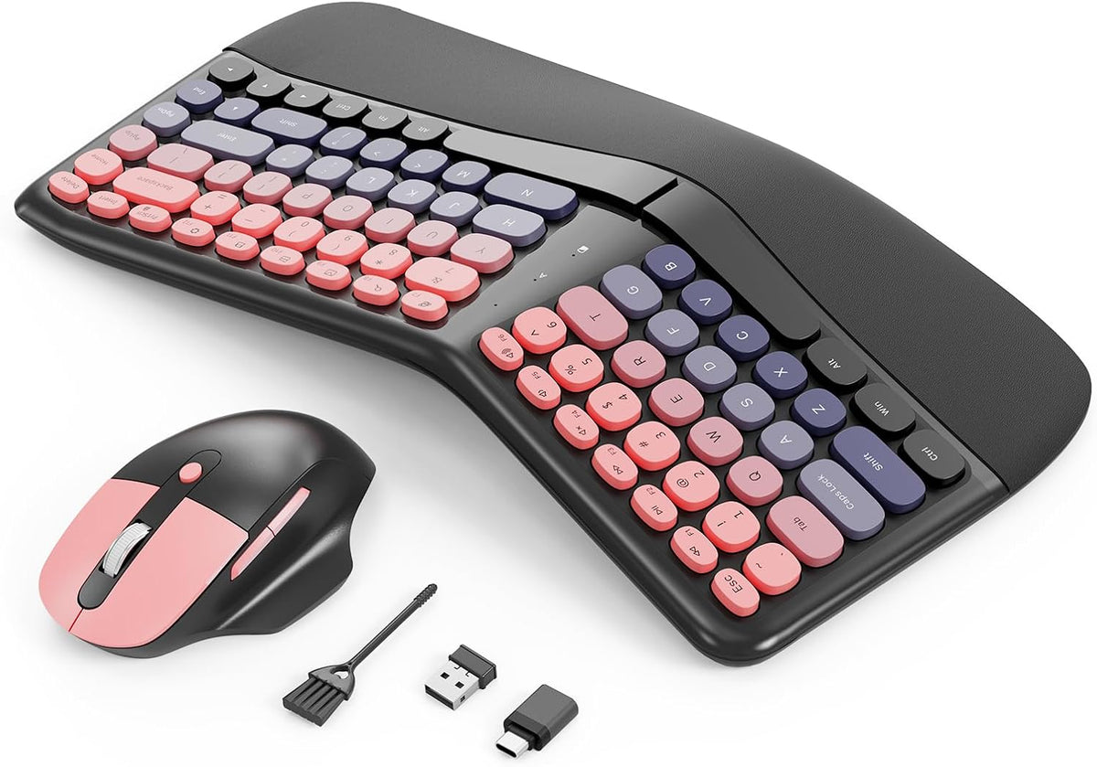 Ergonomic Wireless Keyboard Mouse, Mechanical Gaming Set with Wrist Rest