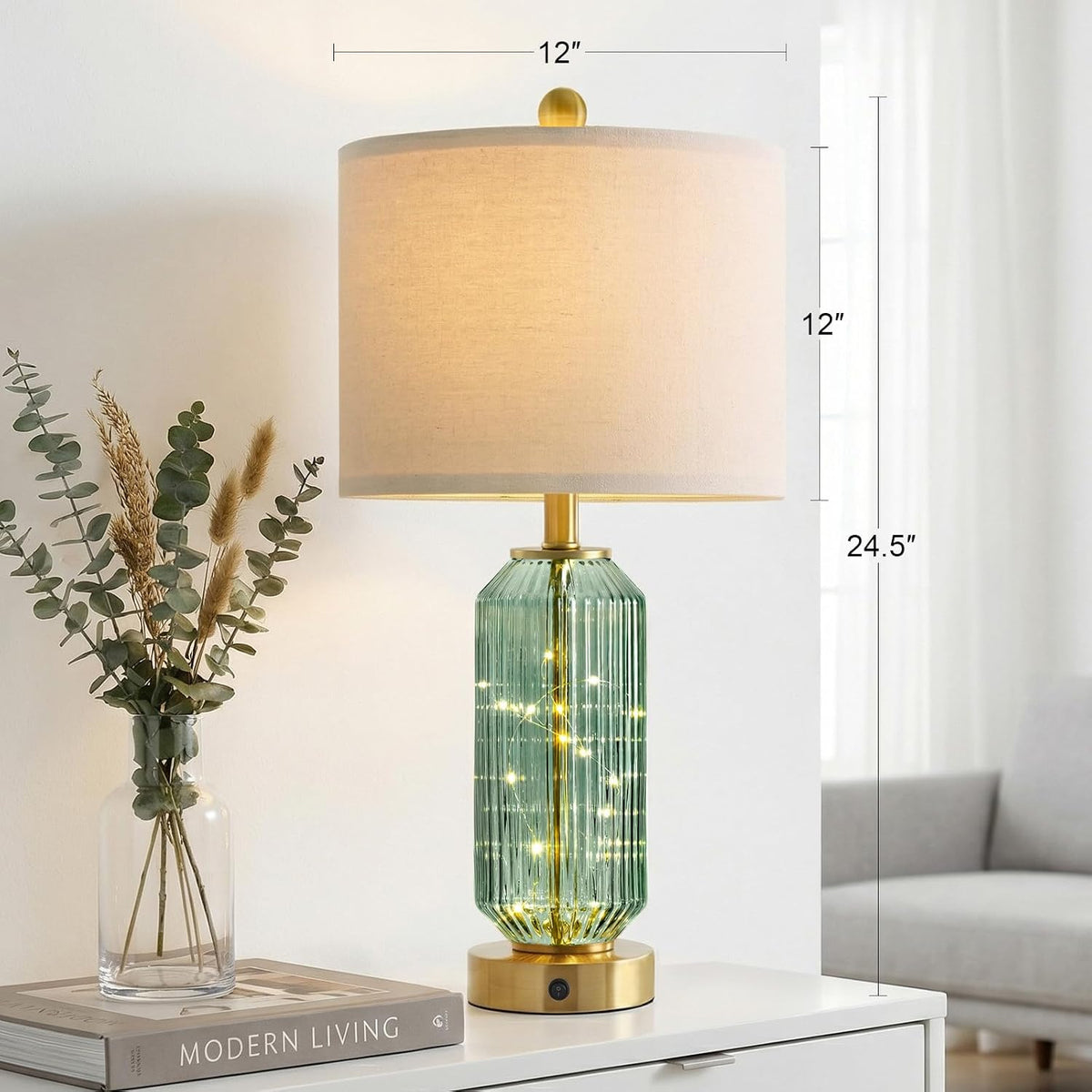 Oneach 24.5" Bedside Table Lamps Set of 2, Green Glass Nightstand Lamps with USB A+C Charging Ports and Night Light, Gold Modern Lamps for Bedroom, Living Room, End Table (2 Bulbs Included)