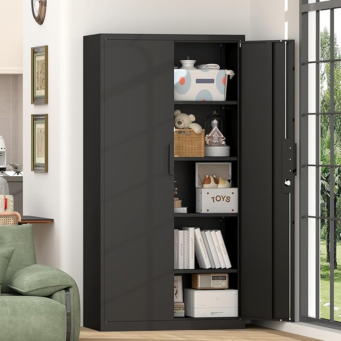 72" H Metal Garage Cabinet,Metal Lockable Storage Cabinet with 2 Doors, Locking Tall Garage Storage Cabinets with Adjustable Shelves,Tool Cabinets for Home Office,Gym,School (Black)