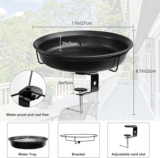 AUHOKY Bird Bath Deck Mounted Bowl 11 Inches, Balcony Railing Birdbaths Unheated, Bird Bath Fence Clamp Detachable (Black)