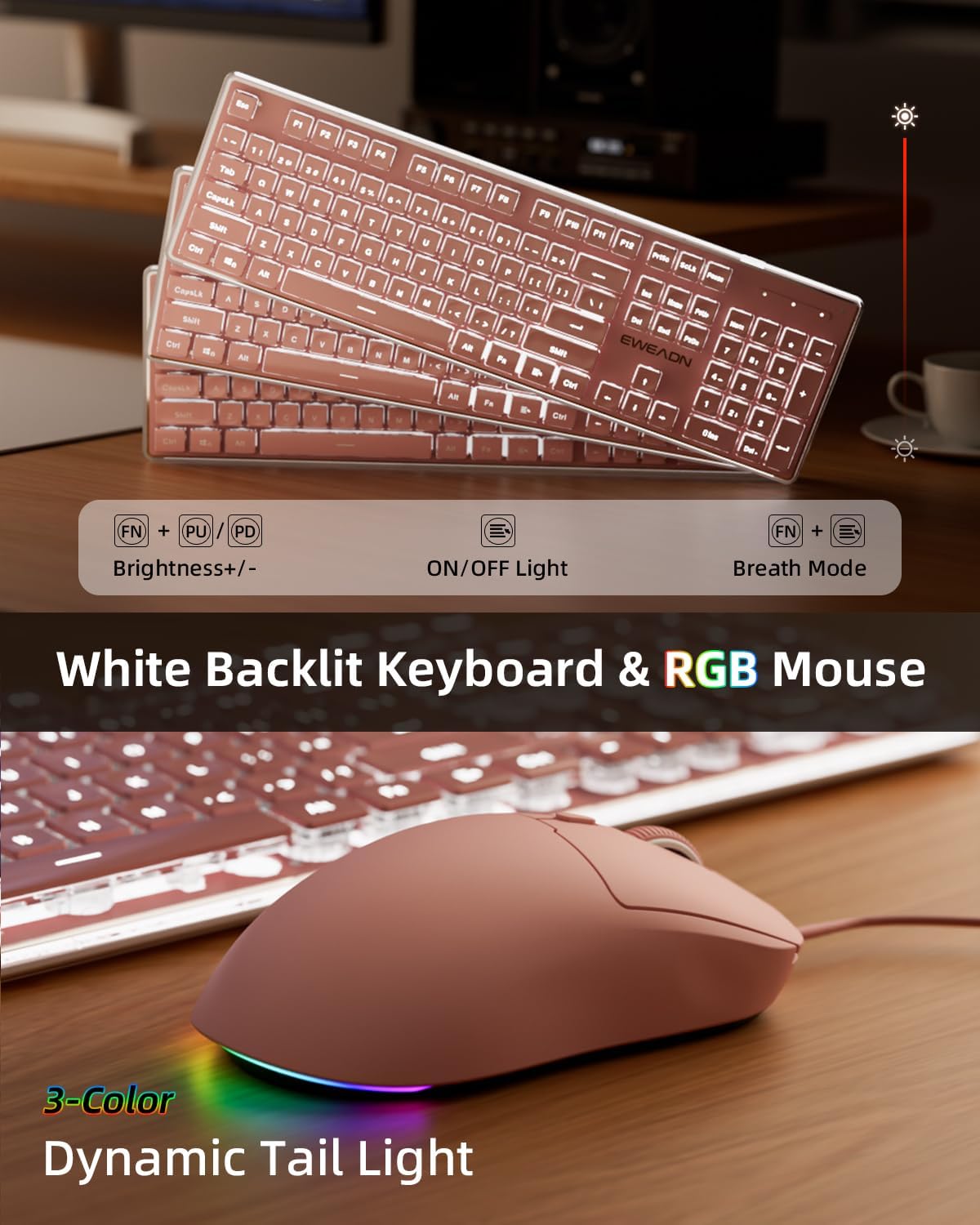 Wired Keyboard and Mouse Combo, White Backlit with Detachable Wrist Rest