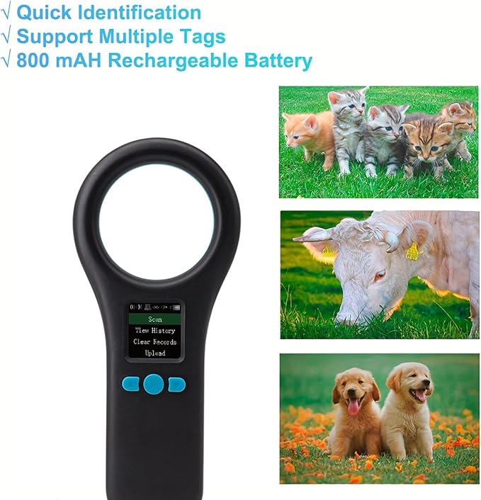 Pet Microchip Scanner, ISO11784/85/FDX-B/EMID Handheld Animal Micro Chip Reader 134.2KHz/125KHz Rechargeable Pet ID Scanner with 500 Data Storage for Dog/Cat/Pig/Animal (Black)