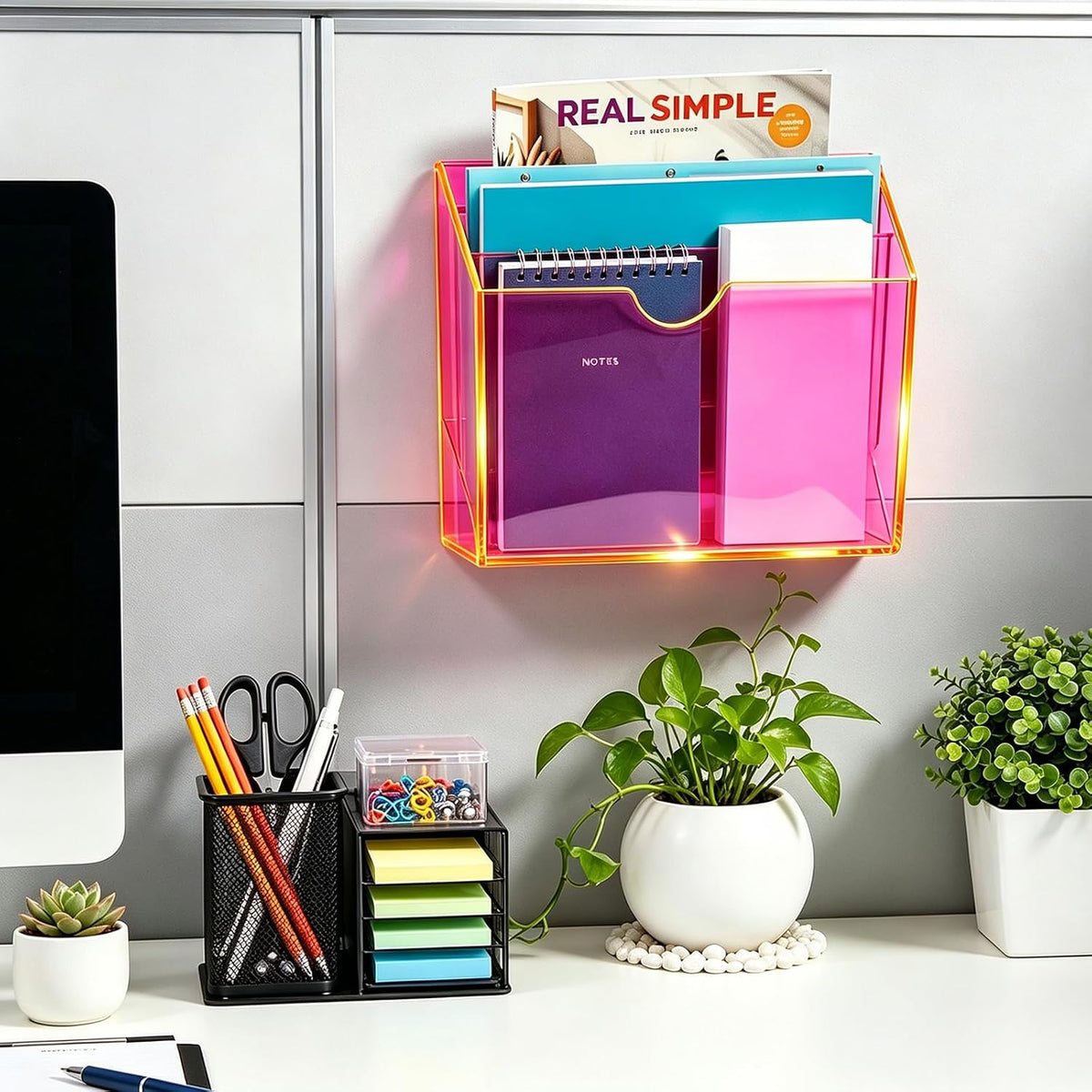 3-Tier Wall File Organizer Acrylic Hanging File Holder Magazine Holder Wall Mount, Neon Pink