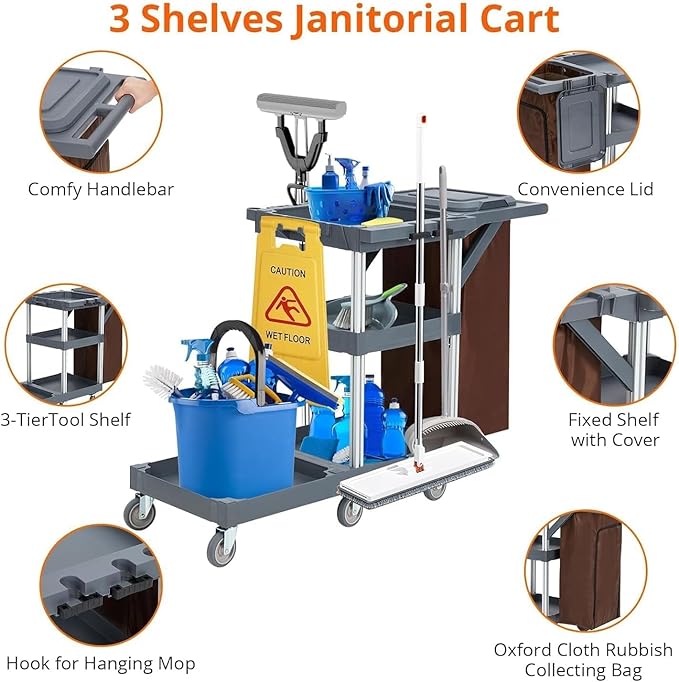 Commercial Janitorial Cart with Wheels, 3-Shelf Rolling Cleaning Trolley with 16-Gallon Trash Bag, 220 Lbs Heavy-Duty Capacity Housekeeping Cart - Ideal for Hotel, School, Apartments & More