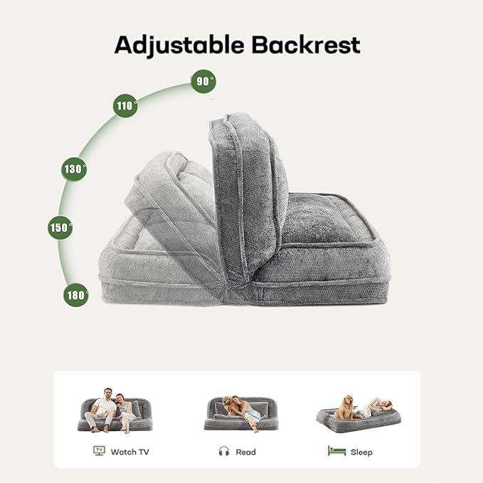 Double Human Dog Bed for Adult and Kids, Comfy Foldable Lazy Floor Loveseat Sofa Bed with 5 Adjustable Position, Upholstered Floor Bean Bag Lounger Chair for Bedroom, Living Room, Office (Gray .)