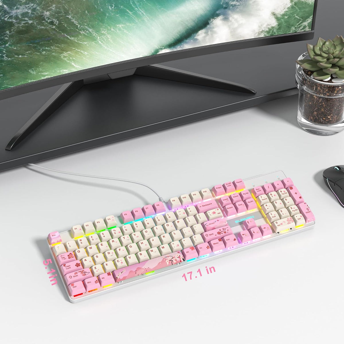 Wired Full Size Pink Mechanical Keyboard 104 Keys Creamy Keyboard with Number Pad, RGB Gaming Keyboard, Linear Red Switch, NKRO Mechanical Keyboard Full Size for Windows Laptop PC Gamer