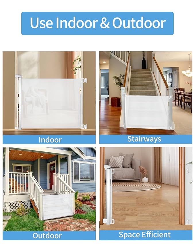 Retractable Baby Gate for Doorways and Stairs, Mesh Safety Gate for Pet, Indoor & Outdoor Use, One-Hand Operation, Easy Installation, 33.6" Tall, Expands to 71" Wide（White,33.6"x71"）