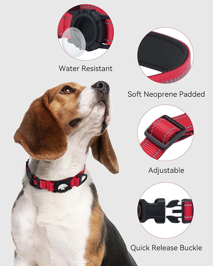 Joytale Airtag Dog Collar, Reflective Pet Collar with Waterproof AirTag Holder, Dual D-Rings, Soft Padded Adjustable for Extra Large Dogs, Red, XL