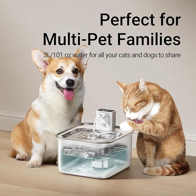 DownyPaws Cat Water Fountain Stainless Steel Wireless, 101 oz/3L FurSink Cordless Water Fountain for Cats, Battery Operated Cat Fountains for Drinking with Motion Sensor, Easy Clean, White