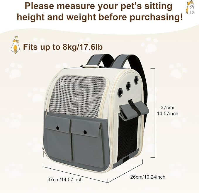 Airline Approved Cat Carrier Backpack - Ventilated Breathable Mesh for Small Dogs & Cats (15lbs), Soft Sided Dog Backpack for Hiking, Camping, Travel & Vet Visits with Padded Straps (Grey)
