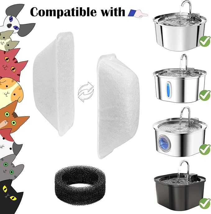 24 Pcs Cat Water Fountain Filters Replacement for 108oz/3.2L & 84oz/2.5L Pet Water Fountain,Including 12 Pcs Filter & 12 Pcs Sponges