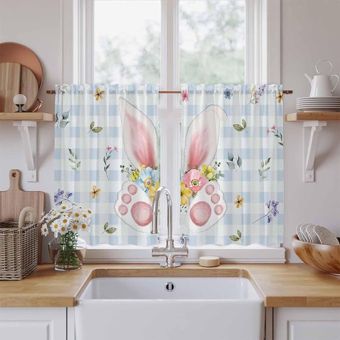 Easter Kitchen Tier Curtains 45 Inch Long 2 Panel Set, Rod Pocket Short Window