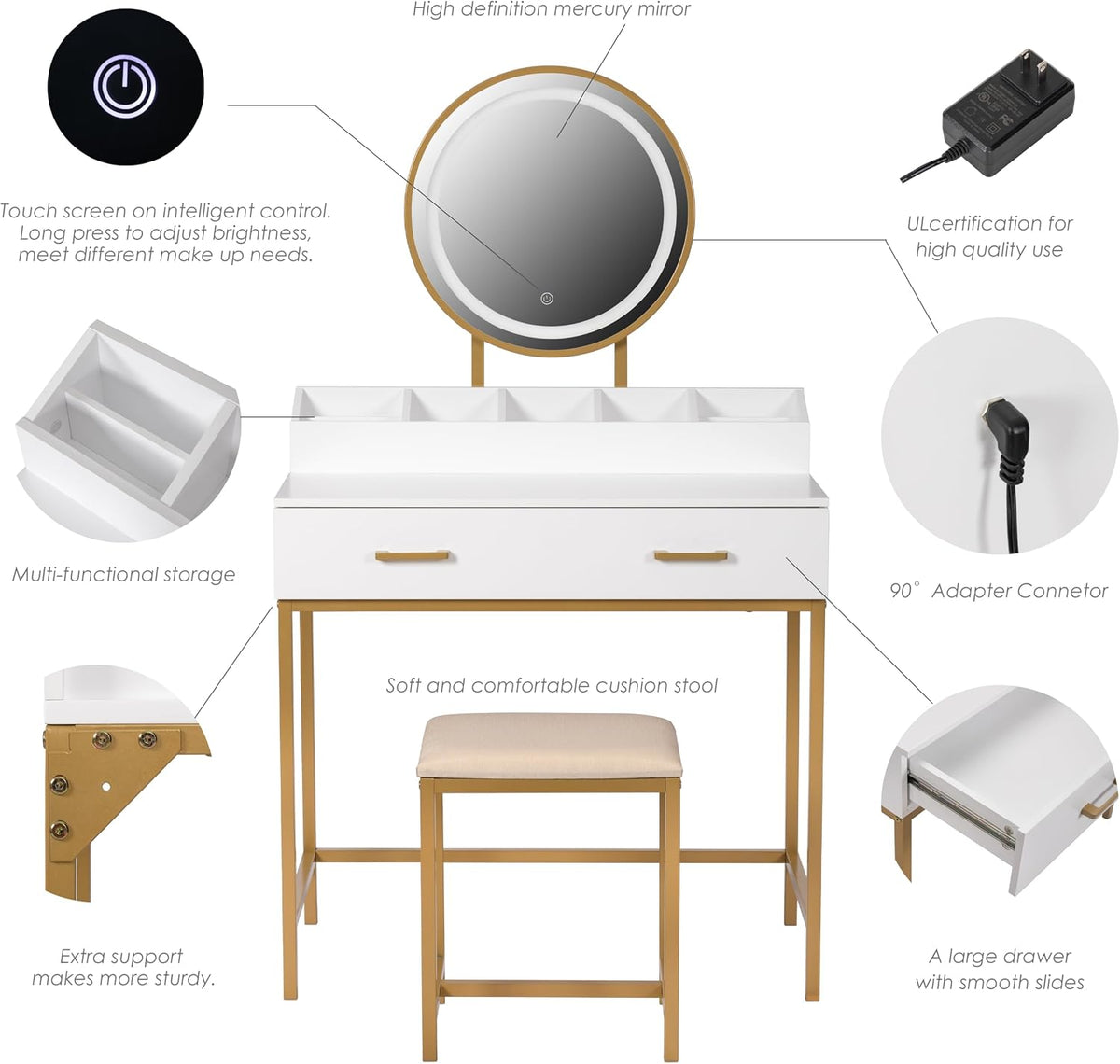 UTEX Makeup Vanity Desk Set with Mirror and Lights White and Gold