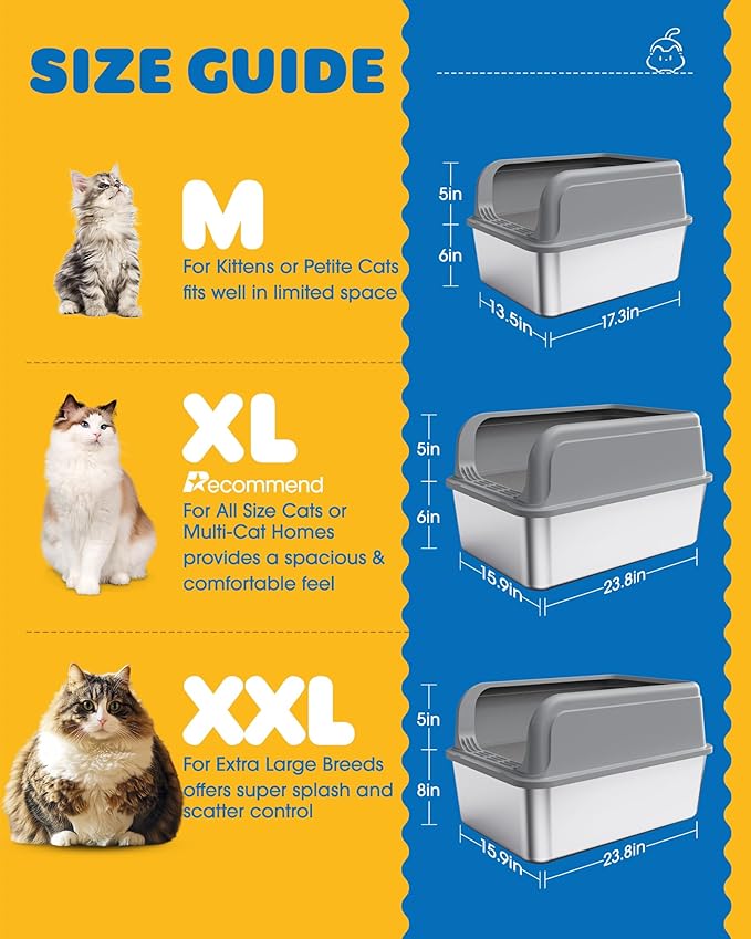Stainless Steel Cat Litter Box, Metal Litter Box with Scoop, High- Sided, Anti-Leakage Top Entry, Non-Sticky, Easy to Clean, Grey, XL (1 Pack)