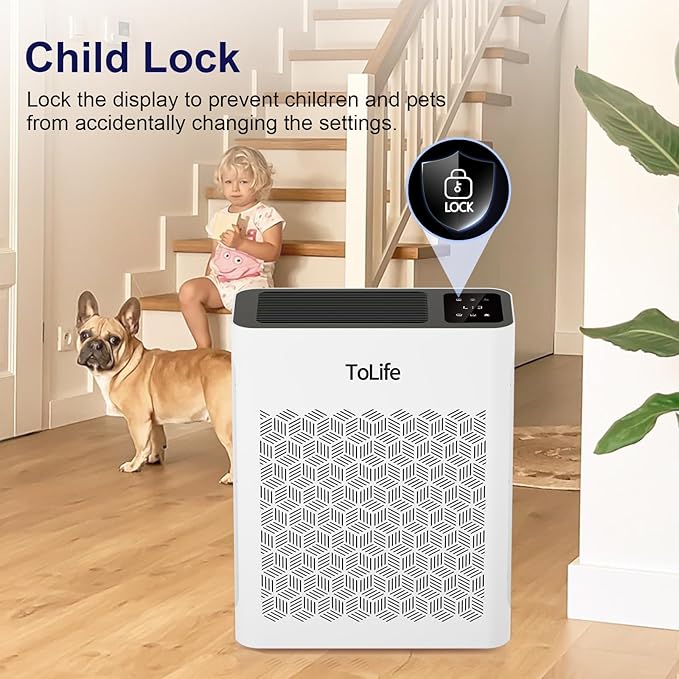 Tolife Air Purifier Large Room, Air Purifiers for Home Pets Hair with Washable Filter, Air Cleaner for Bedroom up to 1095 Ft² Dust Smoke Odor, Sleep Mode, Timer, White