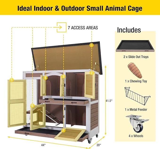 Aivituvin Rabbit Hutch Bunny Cage with Wheels Indoor Outdoor Two Story Guinea Pig Cage with 2 Deep No Leak Tray