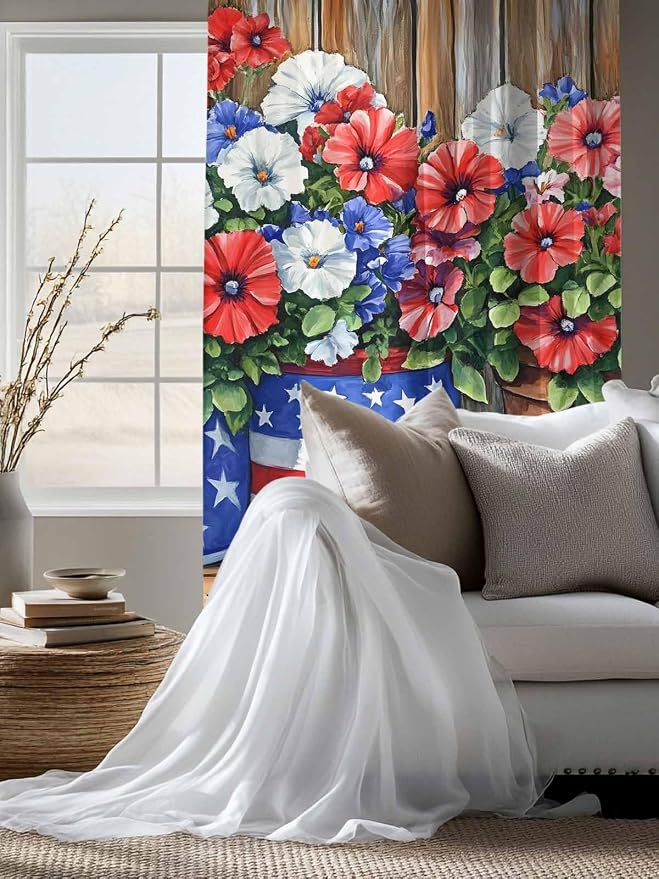 Sheer Curtains 72 Inches Long, Retro Independence Day Flag Wood Grain Privacy