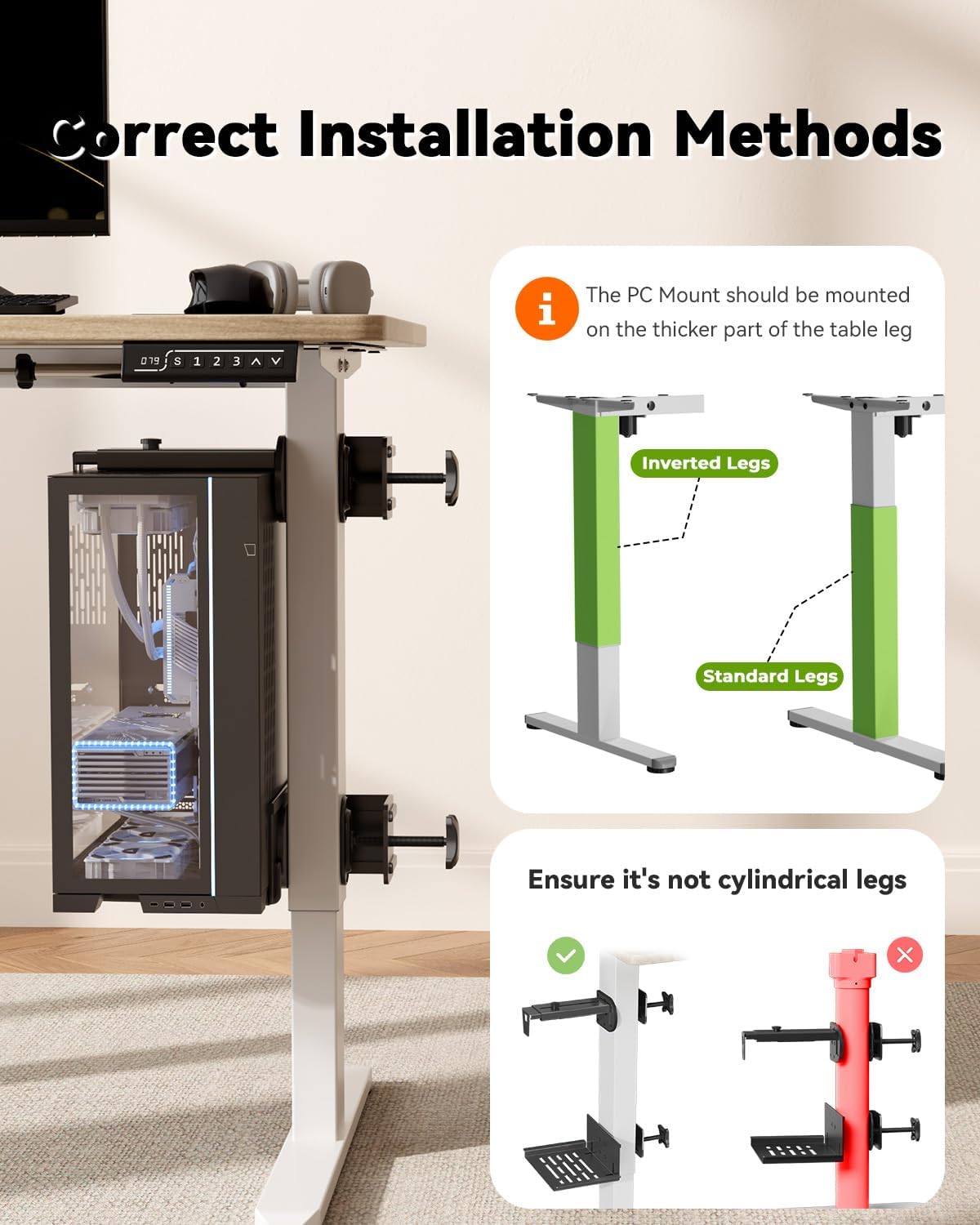 JOY worker Under Desk PC Mount for Standing Desk, Clamp-On Leg CPU Holder