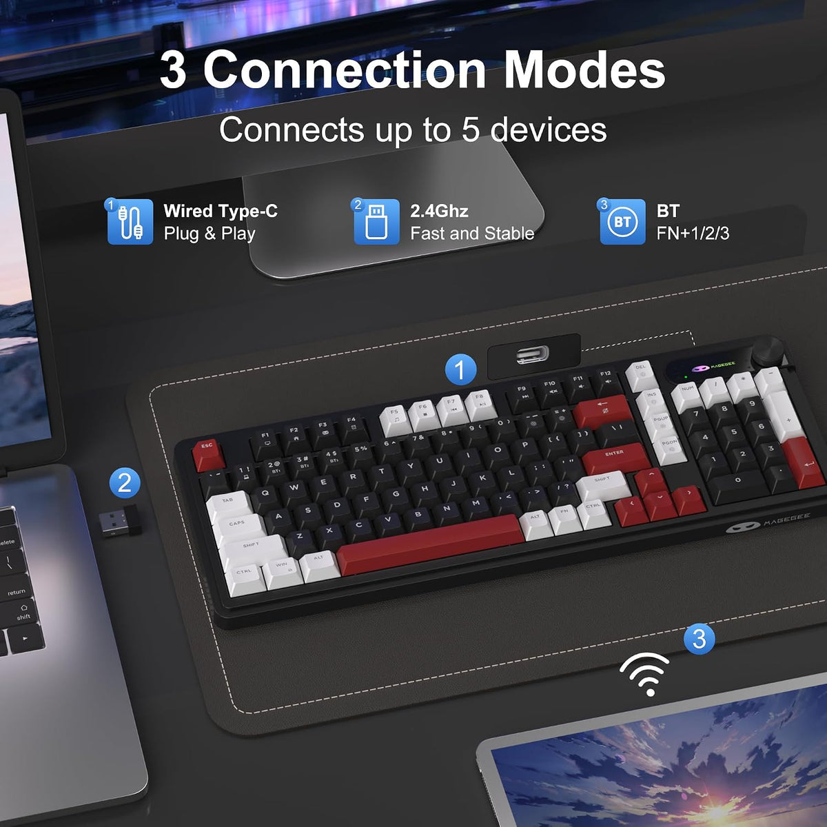 MageGee GK960 Wireless Keyboard, 98 Keys Tri-Mode BT/2.4G/Wired Membrane Gaming Keyboard, RGB Creamy Keyboard with Number Pad, Knob Control, 4000mAh Battery - White & Black