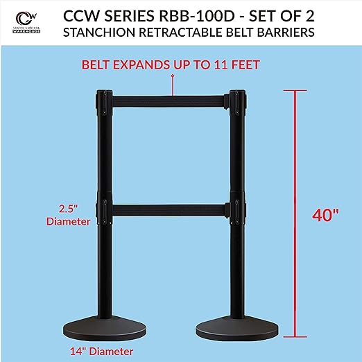 CCW Series RBB-100D - Set of 2 Stanchion Retractable Belt Barriers Dual Belt - Easy to Assemble, No Tools Required (11 Foot Belt, Black Belt with Black Post)