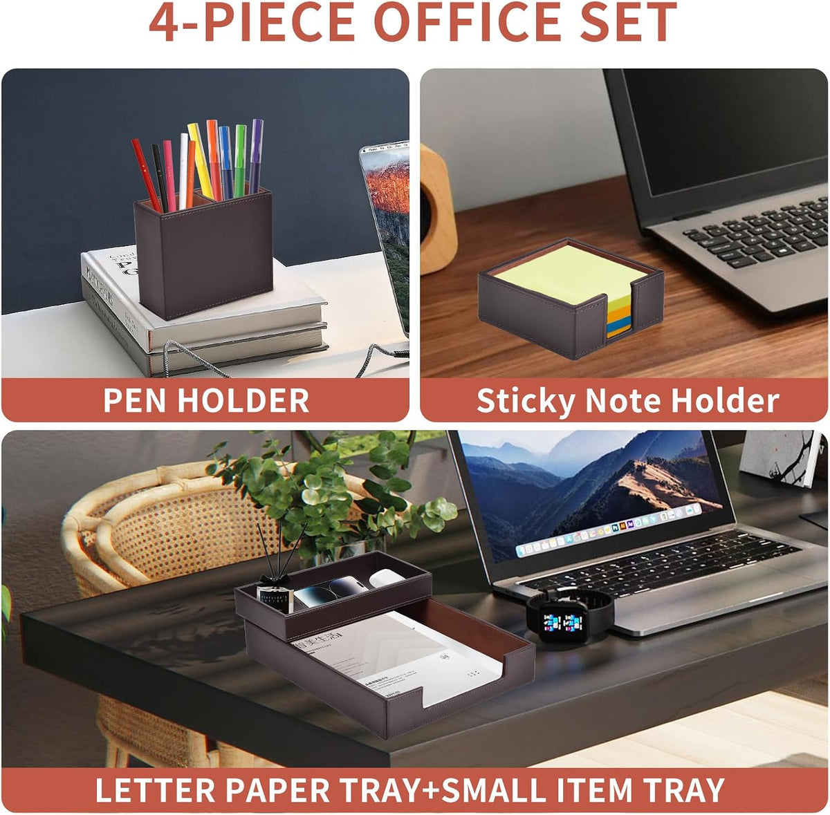 4 Pack Leather Office Supplies/Desk Organizer for Letter Paper Tray,Sticky Note Holder,Pen Cup,Stackable Small Letter Mail Sorter Tray,Workspace Decor for Women Men (Brown, 4-piece set)