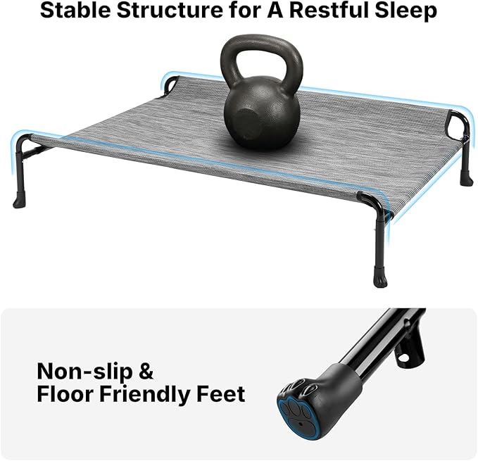 Veehoo Outdoor Dog Bed, Raised Dog Bed for Large Dogs, Elevated Dog Bed with Headrest, 47" Cooling Washable Pet Cot, Breathable Dog Hammock for Camping & Indoor, Non-Skid, Black Silver